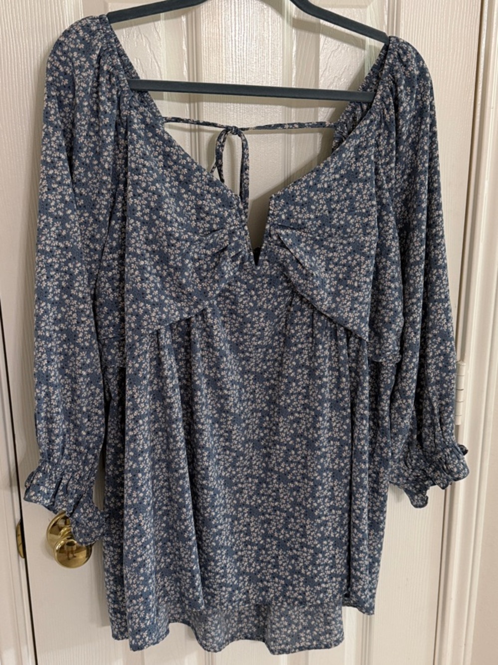 Women's Blue Floral Peasant Blouse with Tie Back 2X
